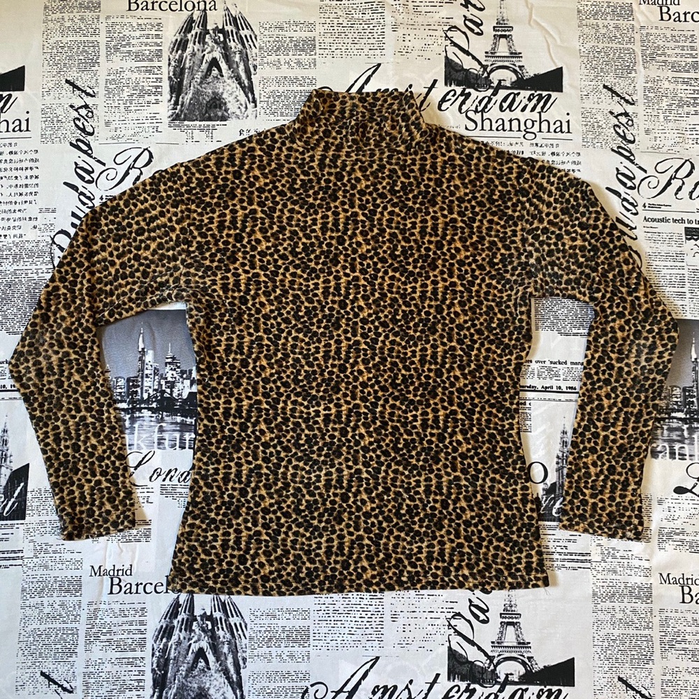 Vintage 80s sheer cheetah leopard mock neck shirt